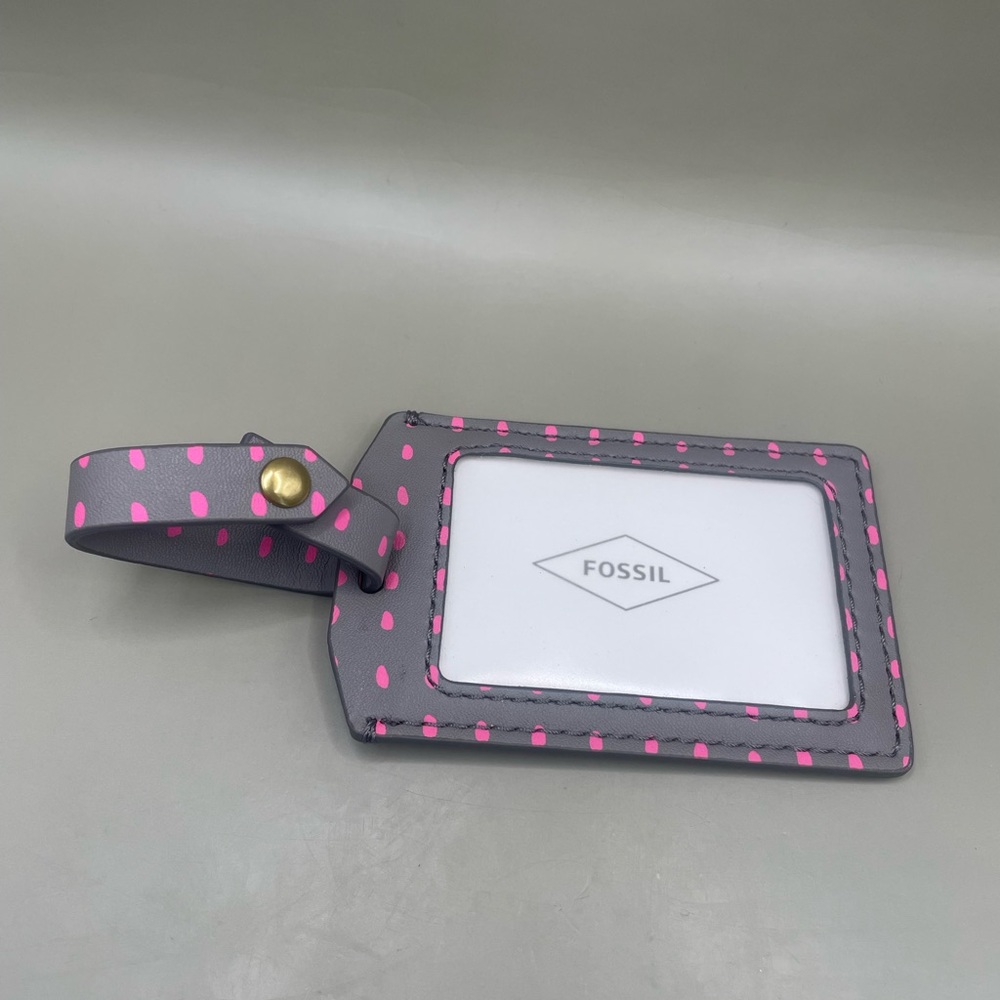 Fossil Gray Pink Polka Dot Leather Luggage Bag Tag